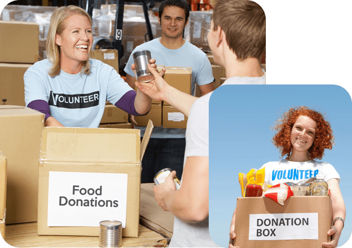 Volunteers with food donations and donation boxes